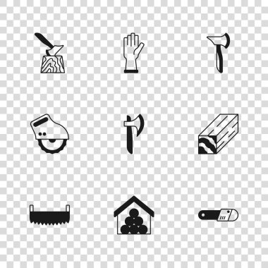 Tahta kütükleri, kirişi, elektrikli testereyi, baltayı, kütüğü, koruyucu eldivenleri ve elektrik dairesel ikonu hazırlayın. Vektör