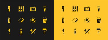 Boya fırçasını, boya paleti, sprey, silgi ya da lastik, grafik tableti ve suluboya kutu simgesini ayarla. Vektör