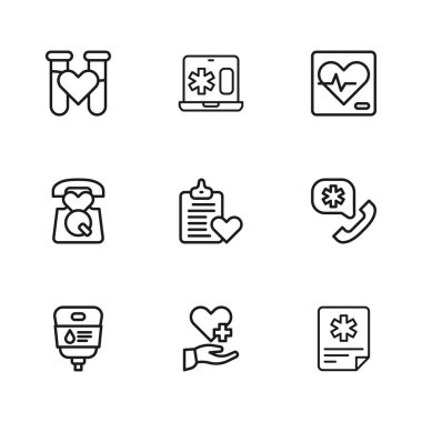 Hattı çapraz ile ayarla, 911 'i ara, hasta kaydı, oranı, tüp kan testi, dizüstü bilgisayarda ve ikonda klinik. Vektör