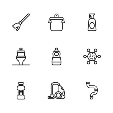 Elektrik süpürgesi, bakteri, endüstriyel metalik boru, bulaşık deterjanı, temizlik spreyi deterjan, süpürge, yemek tenceresi ve klozet ikonu. Vektör