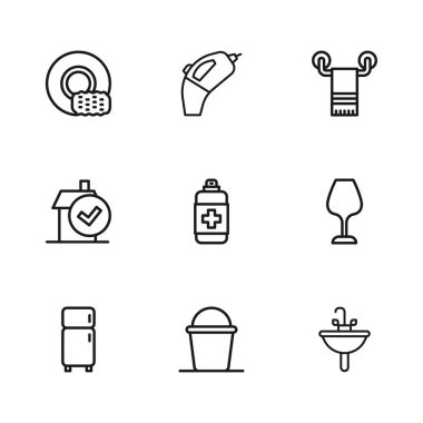 Kova, şarap bardağı, lavabo, antibakteriyel sabun, askıda havlu, bulaşık yıkama, portatif süpürge ve ev temizleme ikonu. Vektör