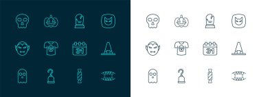 Kara Kedi, Korsan kancası, Cadılar Bayramı tarihi 31 Ekim, Candy, Kafatası, Tombstone RIP yazılı gömlek, Kurukafa ve Balkabağı ikonu. Vektör