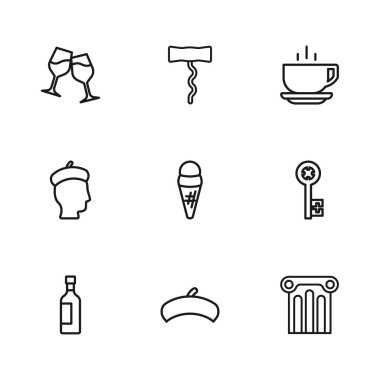 Fransız beresi, eski anahtar, Kadim sütunu waffle 'da dondurma, kahve fincanı, şarap bardağı, tirbuşon ve erkek ikonu. Vektör