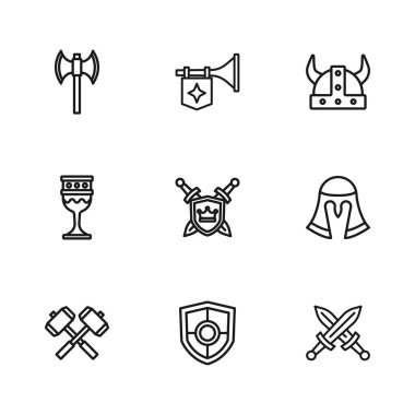Hat kalkanı, ortaçağ miğferi, kılıç kuşanmış ortaçağ kılıcı, boynuzlu Viking, polebalta, trompet bayrağı ve kadeh ikonu. Vektör