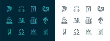 Anakart, Küresel Teknoloji, Geleceğin Sürgülü Kapıları, Bilgisayar Görüşü, İnternet Korsanlığı, Radyoaktif Atık Varili, Konuşma Balonu Sohbeti ve Kulaklık ikonu. Vektör