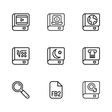 FB2 dosyası, tarih kitabı, kadınlar hakkında kitap, Kuran 'ın kutsal kitabı, dünya küresi ve sinema, kullanıcı kılavuzu ve matematik ikonu. Vektör