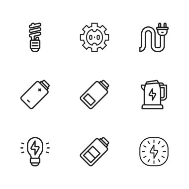 Hattı şarj et, elektrikli su ısıtıcısı, şimşek, fiş, LED ampul, elektrik prizi ve ikon. Vektör