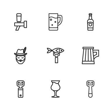 Bardak bira, tahta bardak, şişe açacağı, kurutulmuş balık, bira şişesi, musluk suyu ve Ekim Festivali ikonu. Vektör