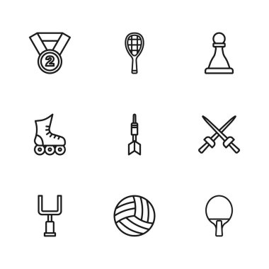 Çizgi voleybol, eskrim, raket, dart oku, satranç, madalya, tenis raketi ve paten ikonu. Vektör