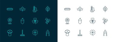 Set hattı, Yaprak, Bahçe Tırmığı, Yonca, Dört Yaprak Yoncası, Meşe, Termometre, Ev Yapımı Turta ve Kanada akçaağaç ikonu. Vektör