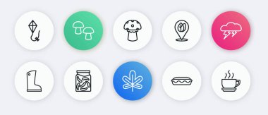Kestane yaprağı, bulut ve şimşek, su geçirmez lastik bot, ev yapımı turta, mantar, kahve fincanı ve salatalık kavanozu ikonu. Vektör