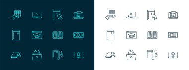 Online Quiz, Test, Anket, Bilgisayarda çalışan Öğrenci, Açık Kitap, Fare ile Elektronik, Eğitim, Kitap Bağışı ve Video Simgesi. Vektör