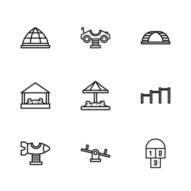 Tahterevalli hattı, yatay spor barı, seksek, kumlu kum havuzu, maymun, tırmanma ekipmanları, salıncak arabası ve ikon. Vektör