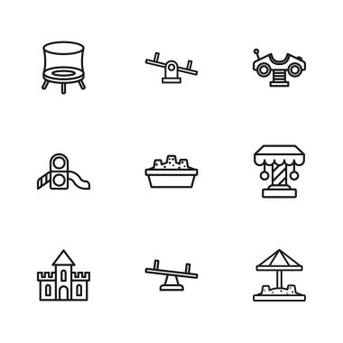 Seesaw, Attraction Atlıkarınca, kum dolu kum havuzu, salıncak, zıplayan trambolin ve kayan oyun alanı ikonu. Vektör