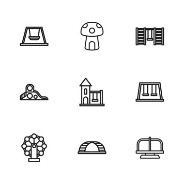 Set çizgisi maymun barı, çocuklar için salıncaklar, atlıkarınca, İsveç duvarı, mantar evi ve kaygan oyun alanı ikonu. Vektör