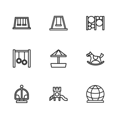 Çizgi kaydırağı oyun alanı, eyer salıncağında at, tırmanma ekipmanları, kumlu kum havuzu, çocuklar için salıncaklar ve jimnastik yüzük ikonu. Vektör