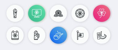 Sabit hat sigara piposu, Clover folyo yaprağı, takvimli Aziz Patricks günü, İrlanda bayrak yoncası, altın leprikon para, madalya, cüce çizme ve bir bardak bira ikonu. Vektör