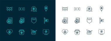 Çizgili balon yonca yaprağı, altın paralar, bıyık ve sakal, davul bagetleri, altın leprikon, Clover, karnaval çelengi bayrakları ve papyon ikonu. Vektör