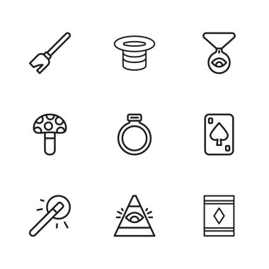 Tanrı 'nın her şeyi gören gözü, iskambil kartları, sihirli halı, taş yüzük, madalyon zinciri, cadı süpürgesi, şapka ve Psilocybin mantar ikonu. Vektör