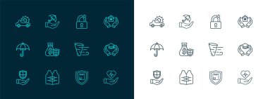 House 'u, Can Yelekleri' ni, Tornado 'yu kalkan, para çantası, kırık kilit, araba sigortası ve Şemsiye ikonuyla teslimat güvenliğini ayarlayın. Vektör