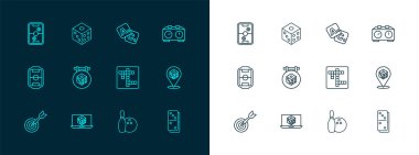 Satranç saati, zar oyunu, çapraz bulmaca, bovling pin ve top, bingo, hava hokey masası ve ikon. Vektör