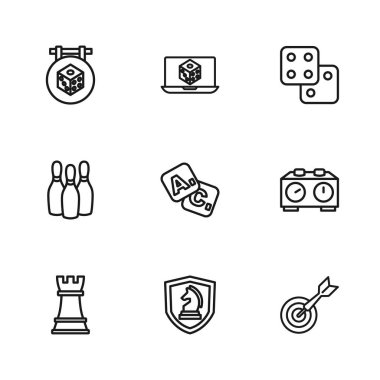 Satranç, Zaman satranç saati, Klasik dart tahtası ve ok, Bingo, Oyun zarları ve Bowling pin simgesi. Vektör