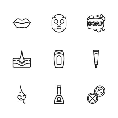 Tırnak cilası, krem veya losyon kozmetik tüpü, aynalı makyaj tozu, şampuan, bar sabunu, gülen dudaklar, yüz maskesi ve insan tüyü ikonu. Vektör