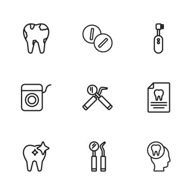 Dişçi aynası ve sonda, diş kartı, diş ağrısı, elektrikli diş fırçası, kırık, ağrı kesici tablet ve diş ipi ikonu olan pano ayarla. Vektör