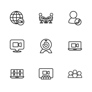 Görüntülü sohbet konferansı, toplantı, web kamerası ve ikon ayarla. Vektör