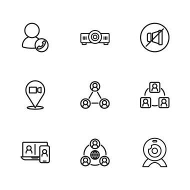 Set hattı toplantısı, web kamerası, dilsiz mikrofon, görüntülü sohbet konferansı, film, medya projektörü ve ikon. Vektör