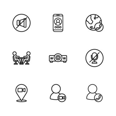 Görüntülü sohbet konferansı, sessiz mikrofon, film, film, medya projektörü ve toplantı simgesi ayarla. Vektör