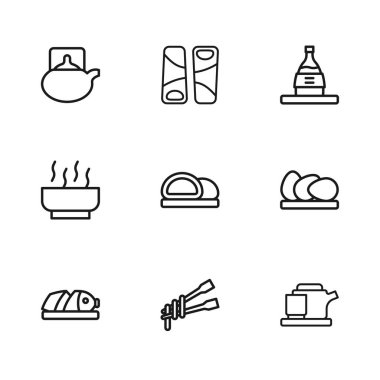 Çin yemeği çubukları, erişte, tavuk yumurtası, geleneksel çay töreni, suşi, bir şişe sake, Guotie ve Ramen çorbası ikonu. Vektör