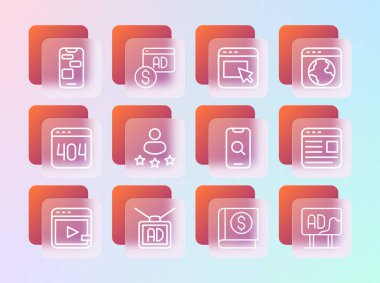 Line Worldwide, Reklamcılık, Büyüteç ve Mobil, Finansal kitap, Tüketici ürünü derecelendirme, Mobil 24 saat destek ve simge. Vektör