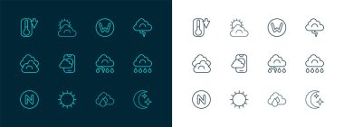 Bulut ve şimşek hattını ayarla, Güneş, yağmur, hava tahmini uygulaması, pusula kuzey, termometre ve bulut hava durumu ikonu. Vektör