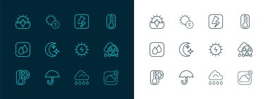 Hat termometresi, şemsiye, güneş enerjisi paneli, yağmurlu bulut, ay ve yıldızlar, yıldırım, günbatımı ve ikon. Vektör