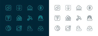 Hattı güneye ayarla, hava tahmini uygulaması, uydu, güneş ve bulut hava durumu, asit yağmuru radyoaktif, sis, su damlası ve yıldırım ikonu. Vektör