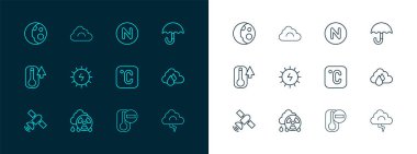 Hat Şemsiye, asit yağmuru radyoaktif bulut, Celsius, Termometre, Güneş enerjisi paneli, Pusula kuzey, Ay fazları ve Bulut simgesi. Vektör