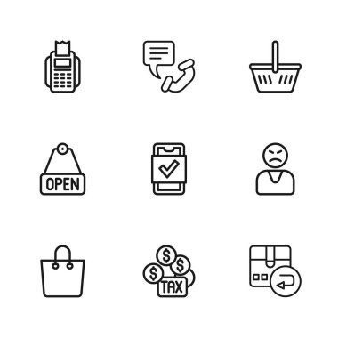 Hat vergisi ödemesi, kızgın müşteri, dönüş kartonu, mobil alışveriş sepeti, alışveriş sepeti, POS terminali, telefon desteği ve metin açık simgesi ile asılma tabelasını ayarla. Vektör