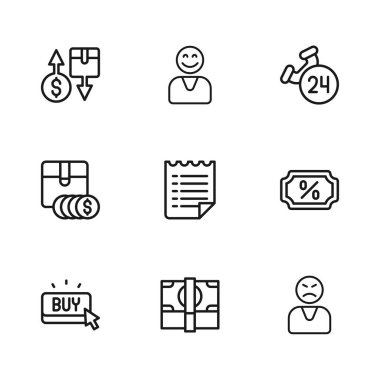 Hat Stacks kağıt para nakit, indirimli yüzde etiketi, kızgın müşteri, istek listesi şablonu, telefon 24 saat desteği, vergi karton kutu, dolar simgesi ile Mutlu ve Öge fiyatı. Vektör