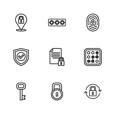 Satır Kilidi, Grafiksel şifre koruması, Belge ve kilit, Parmak izi, Parola ve Kalkan 'ı işaretli simgeyle ayarla. Vektör