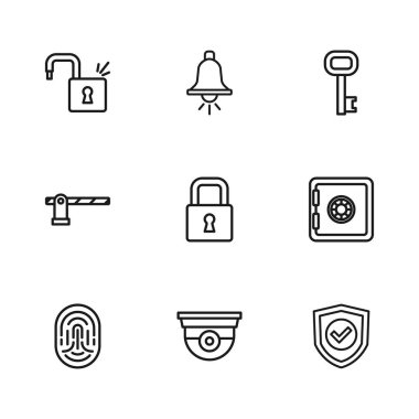 Hat kamerası, Güvenli, İşaretli Kalkan, Kilit, Eski Anahtar, Açık Kilit, Alarm zili ve Otopark Bariyeri simgesi. Vektör