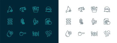 Set hattı Kcal, Spor beslenme proteini, sağlıklı yaşam tarzı, vegan gıda diyeti, glütensiz tahıl, alışveriş torbası ve insan mide sağlığı ve kalori hesap makinesi ikonu. Vektör