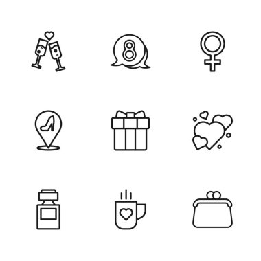 Set hattı kahve fincanı, kalp, el çantası, hediye kutusu, kadın cinsiyeti sembolü, cam şampanya, konuşma balonunda 8 Mart ve kadın ayakkabı ikonu. Vektör