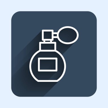 Beyaz çizgi parfüm ikonu uzun gölge arkaplan izole. Mavi kare düğme. Vektör