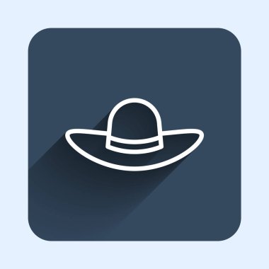 Beyaz çizgili, uzun gölgeli bir şapka ikonu. Mavi kare düğme. Vektör