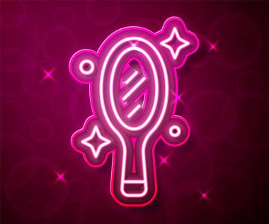 Parlayan neon hattı kırmızı arkaplanda izole edilmiş sihirli el aynası ikonu. Vektör