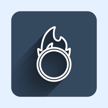 Beyaz çizgi sirk ateş çemberi ikonu uzun gölge arkaplan izole. Ateş çemberi. Yuvarlak ateşli çerçeve. Mavi kare düğme. Vektör