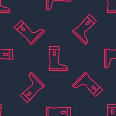 Kırmızı çizgi, su geçirmez lastik bot ikonu siyah arka planda izole edilmiş kusursuz desen. Yağmurlu hava, balıkçılık, bahçe işleri için çizme. Vektör