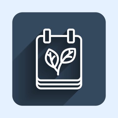 Sonbahar yaprakları ikonuna sahip beyaz çizgi takvimi uzun gölge arkaplan izole. Mavi kare düğme. Vektör