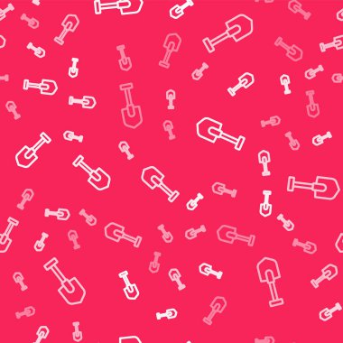 Beyaz çizgi kürek ikonu, kırmızı arkaplanda kusursuz desen izole etti. Bahçe aletleri. Bahçecilik, tarım, çiftçilik aleti. Vektör